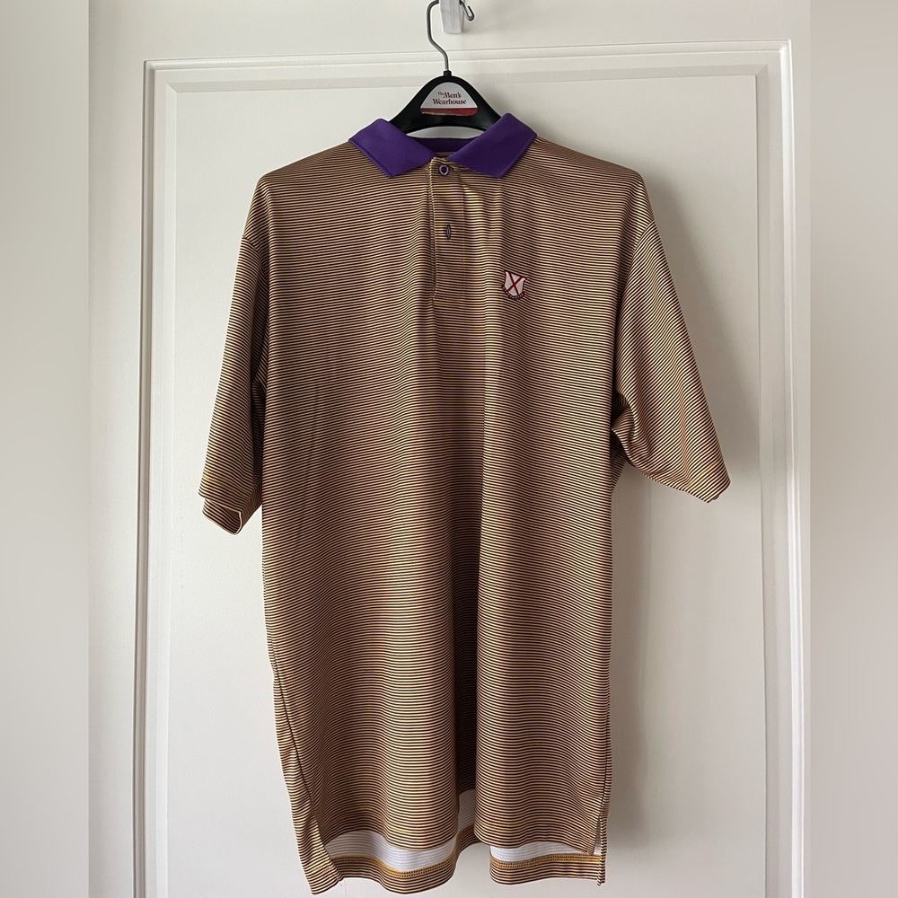 Large gold and purple Old Row “Alumni” collared dry-fit golf polo